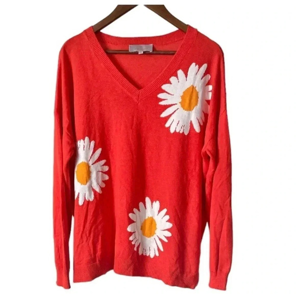 LAURIE FELT | “As Is” Cashmere Blend Daisy Print V-Neck Orange Sweater Size XL - Picture 4 of 9
